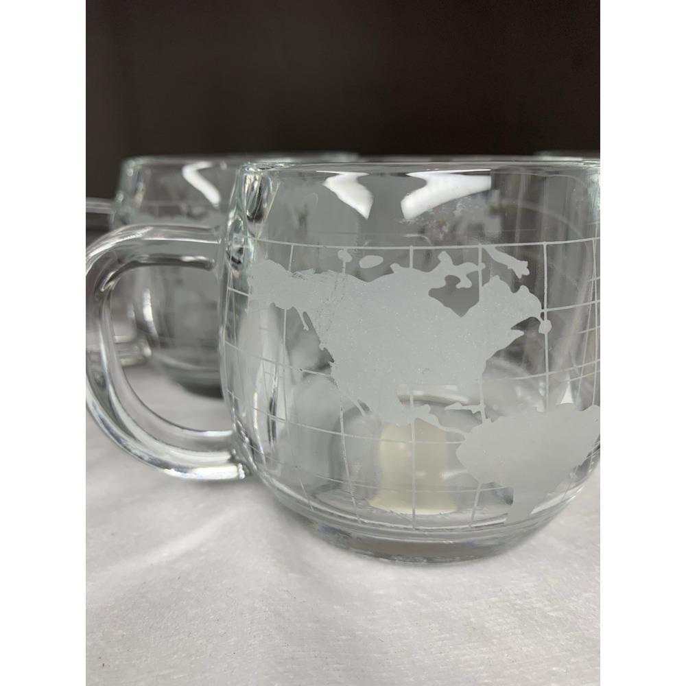 4 Vintage 1970s Nestle Nescafe World Globe Map Etched Clear Glass Coffee Mugs - Picture 3 of 5